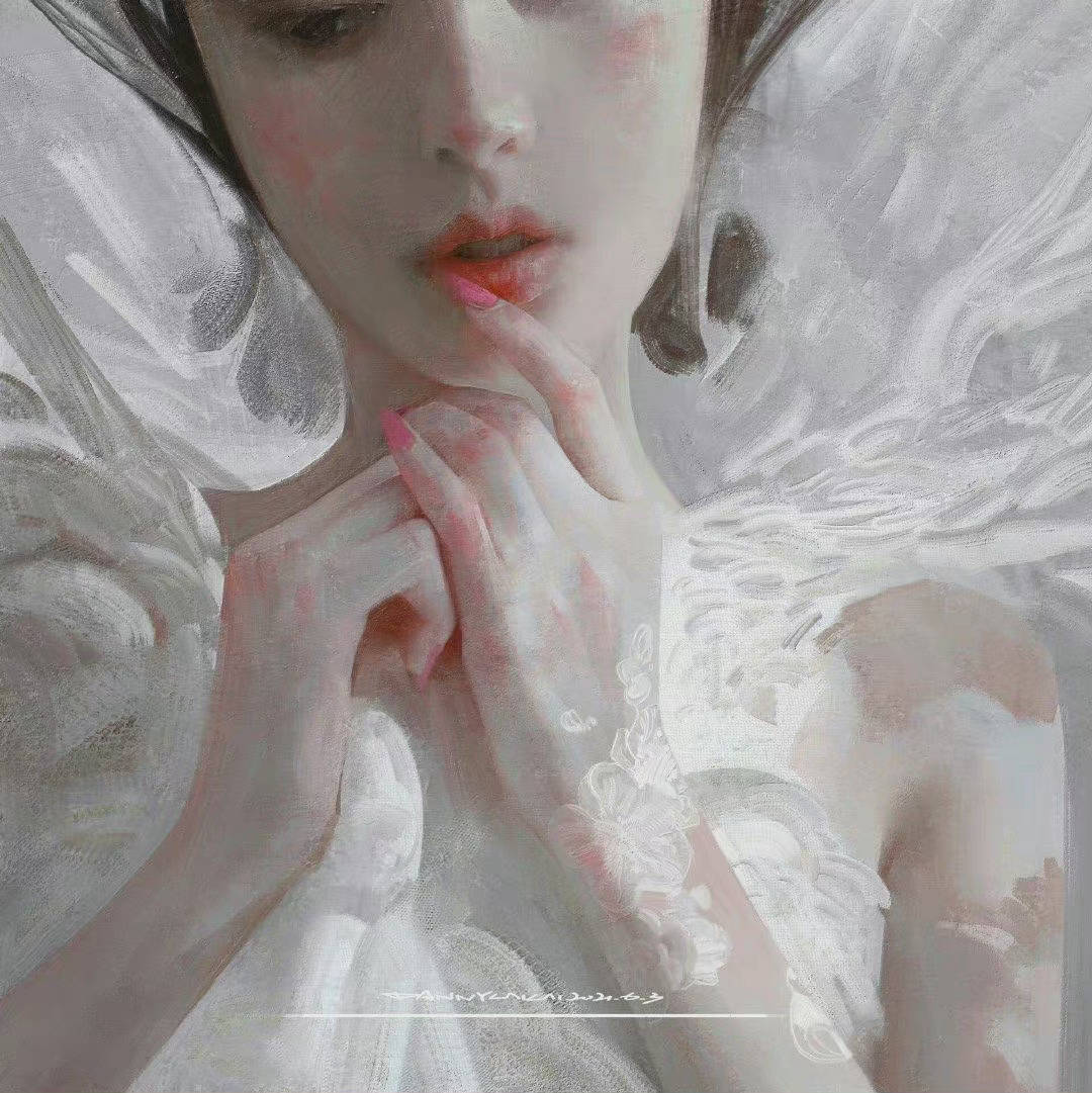 插画 高级油画质感插画作品，笔下的白衣少女太梦幻了