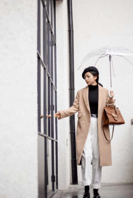 黑色 放弃打底裤吧,潮人更喜欢“大衣+小白裤”,清爽时髦显腿长!