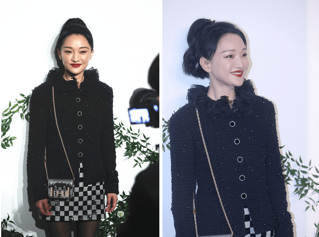 黑衣 年近50的周迅还是很有灵气，黑衣红唇很美艳，“荷花领”挺惹眼