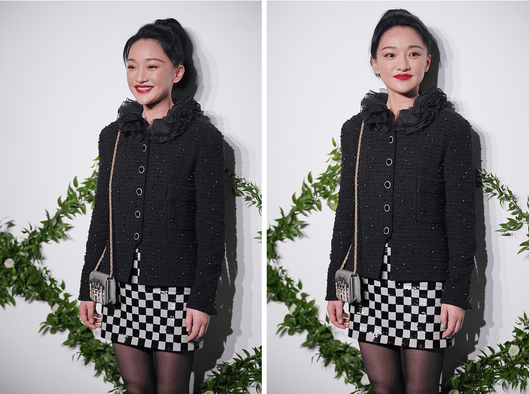 黑衣 年近50的周迅还是很有灵气，黑衣红唇很美艳，“荷花领”挺惹眼