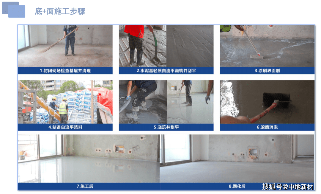 工艺施工步骤:1,基层处理2,制备好并浇注底层材料—水泥基轻质自流平3