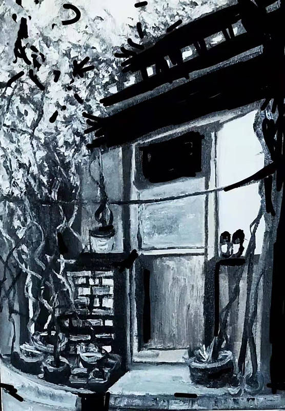 田迎人黑白油画《在家吗？》
