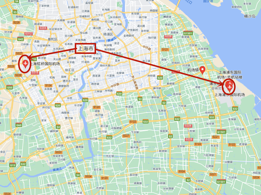 位置在上海市中心西部偏北,而上海浦東國際機場位於上海市寶山區滬太