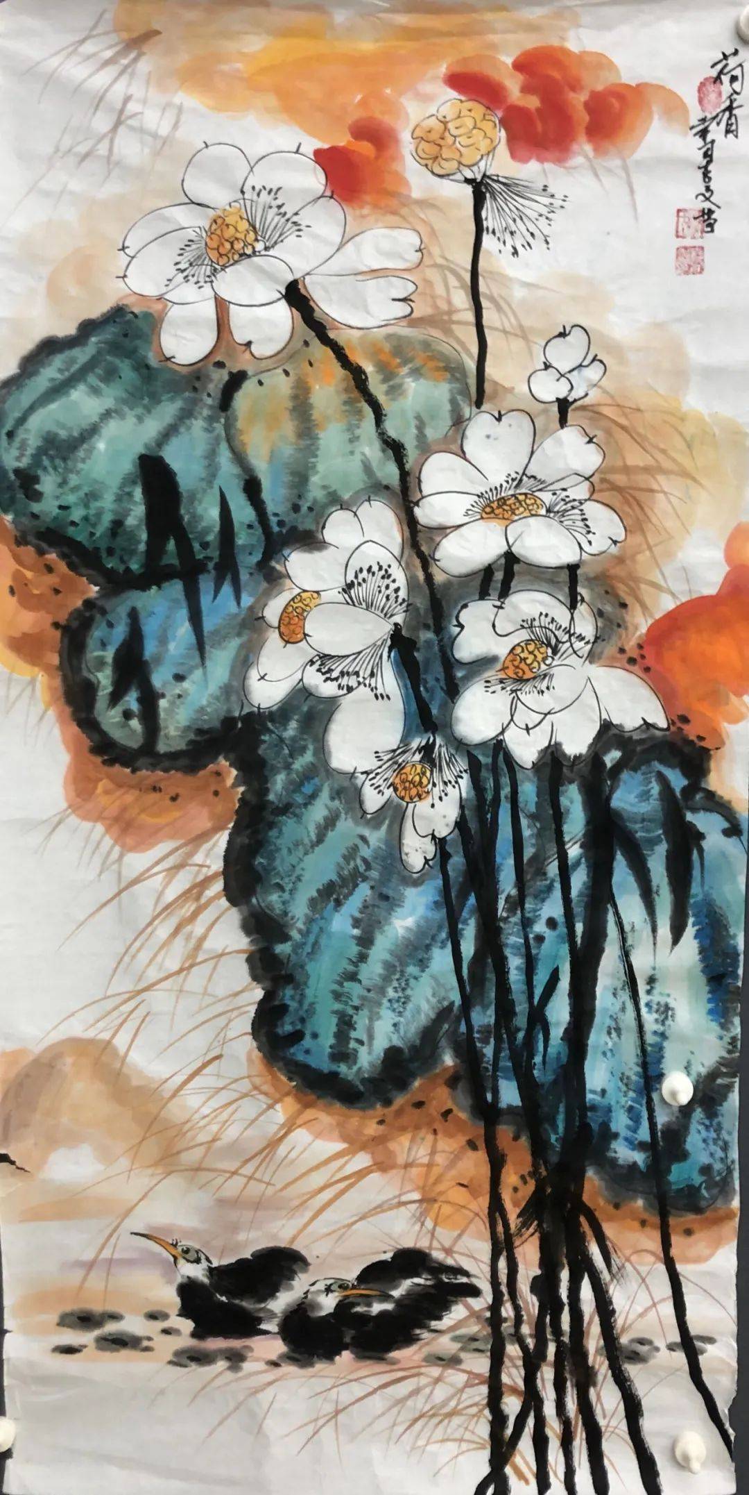 重彩荷花红菡萏 妙笔生花扬清风——中国当代画家赵吉文 赵吉平作品