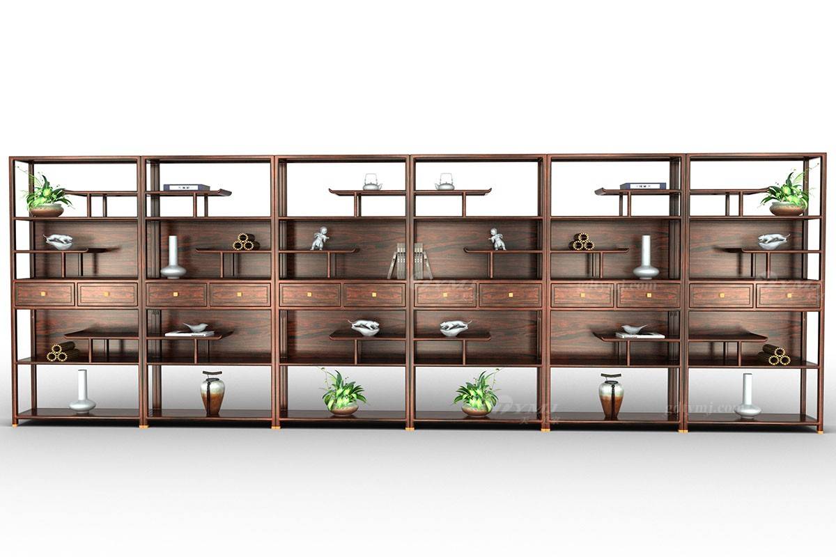 天一美家该套新中式风格茶室家具由博古架,茶台,茶椅组成,设计源于