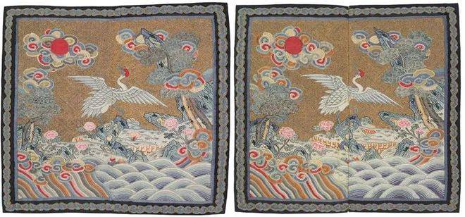 繍】 ☆ 官品 仙鶴紋一品文官補子 ☆ 清朝期 花卉 祥雲 刺繍文様