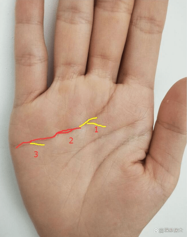 从这个手相的感情线可以看到几个问题第一:感情方面婚姻时间应该是25