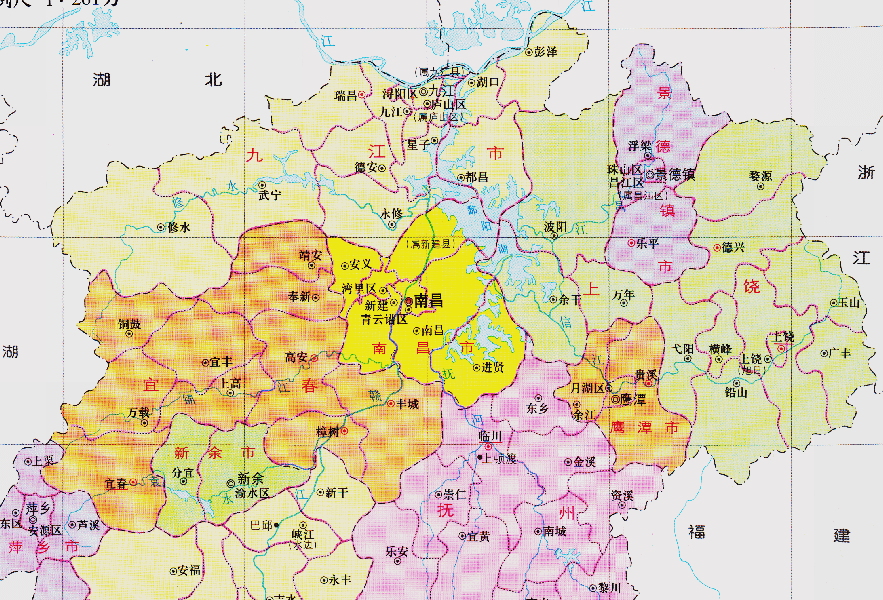 原本下轄的景德鎮市,德興縣,婺源縣,樂平縣,浮樑縣,鄱陽縣,萬年縣