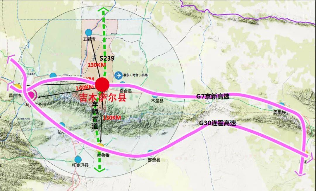 昌吉州東線能源工業走廊中心,南北疆與東疆交匯地帶,距烏魯木齊市165