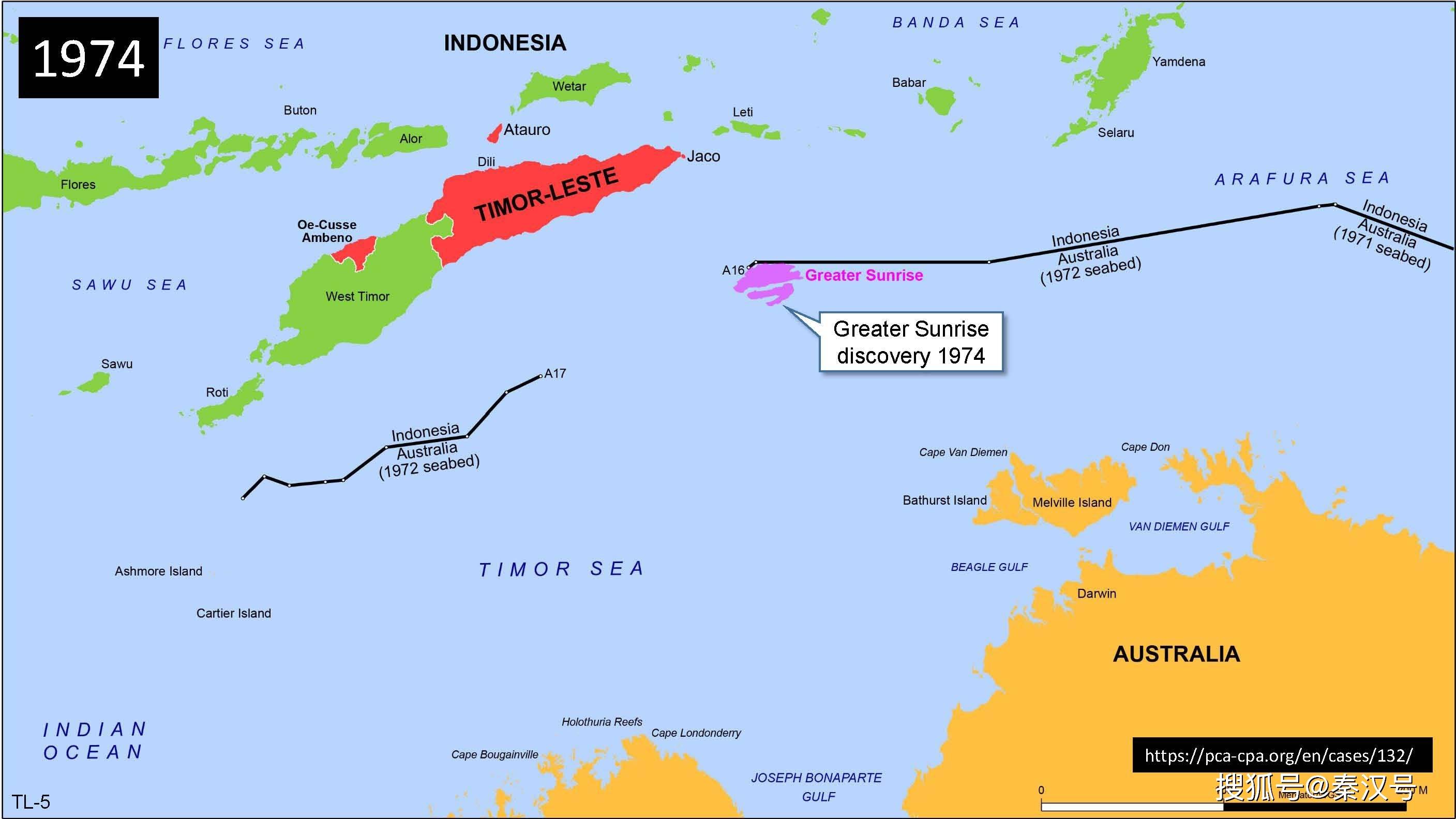 根据1972年,印尼同澳大利亚签署的协议,帝汶海槽为两国海上天然分界线