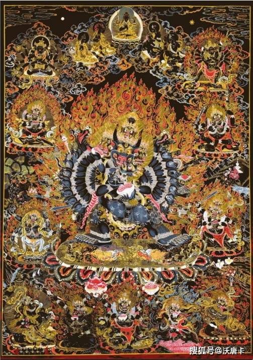 死神阎魔王的佛教护法神,这幅唐卡中的大威德金刚以九面34臂16足显现