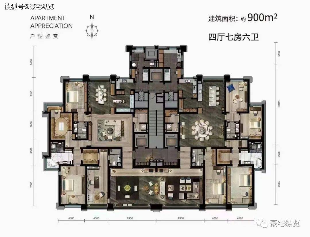 缦合北京900平的这个样板间是由两个450平的户型拼起来的,咱们450平的