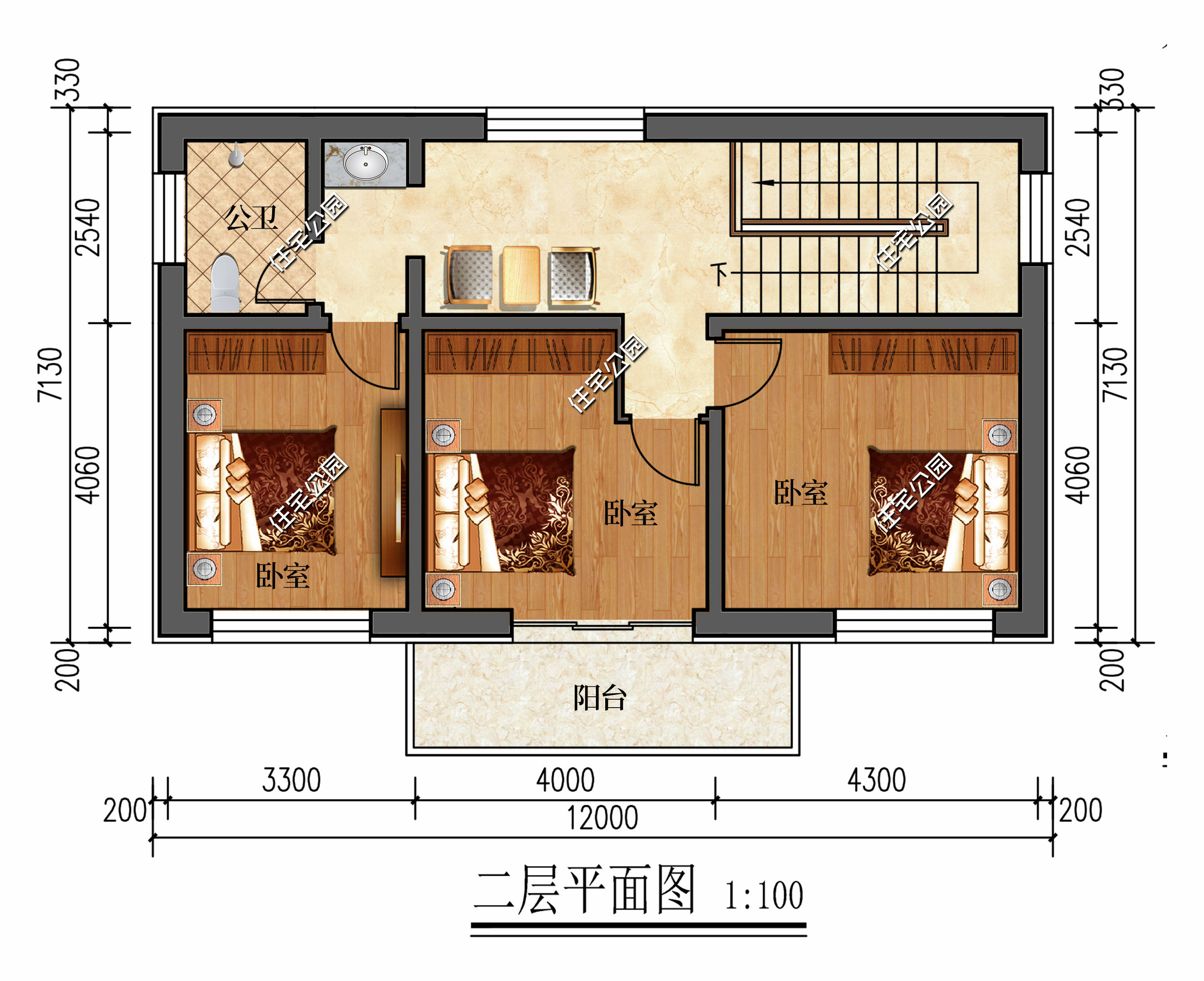 大房戶型基本信息佔地尺寸:12m × 10m佔地面積:128.