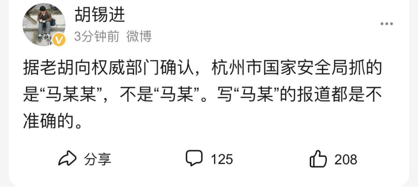 胡锡进在微博上对此进行了辟谣—杭州市国家安全局抓的是"马某某"