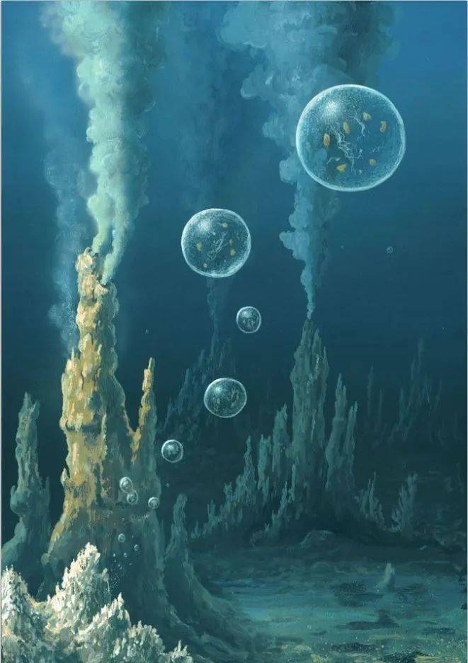 原核生物在海底火山热液口形成大陆地壳演化和大量叠层石太古宙想象图