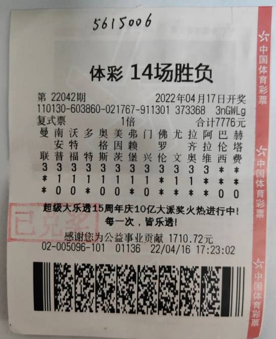 数人合买7776元中足彩500万复选擒尤文5倍冷平票