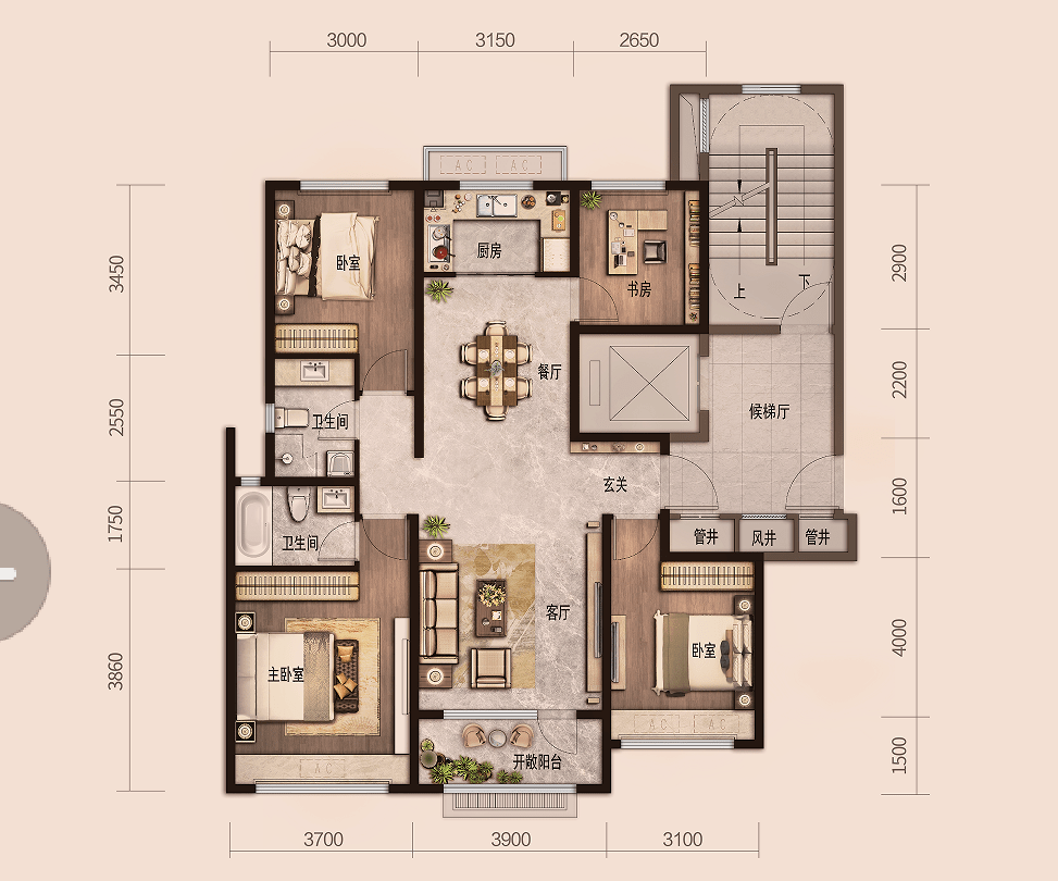 建面约128㎡舒居四房    经典四叶草户型四房互不打扰,增加自由