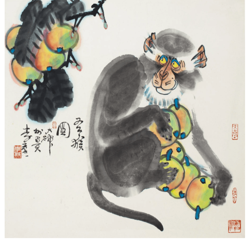 蔵出】李燕≪猴子采食図≫肉筆掛軸・著名書画家／美術教育家／大写意