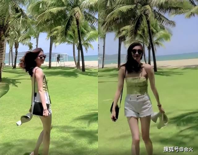 江疏影海滩边炫身材!弯腰打招呼秀事业线
