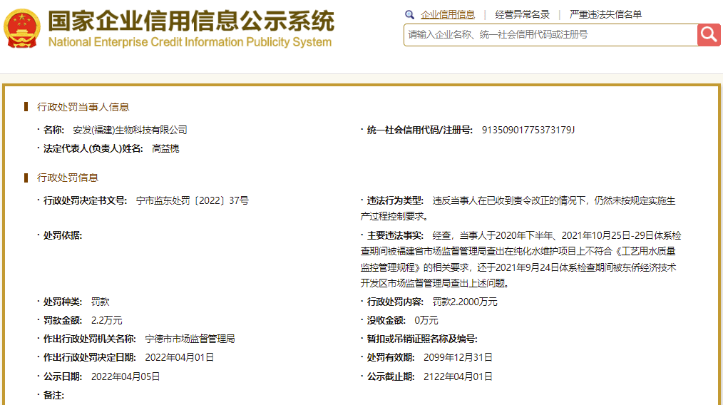 安发生物因 纯化水维护项目 不合要求拒不整改被市监局处罚 宁德市 显示 市场