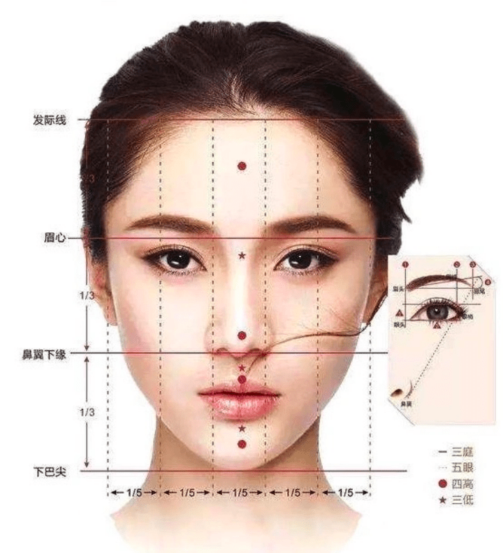 如果上庭偏短,眉毛不能太高;眼间距稍宽,要着重强调内眼角;鼻翼稍宽
