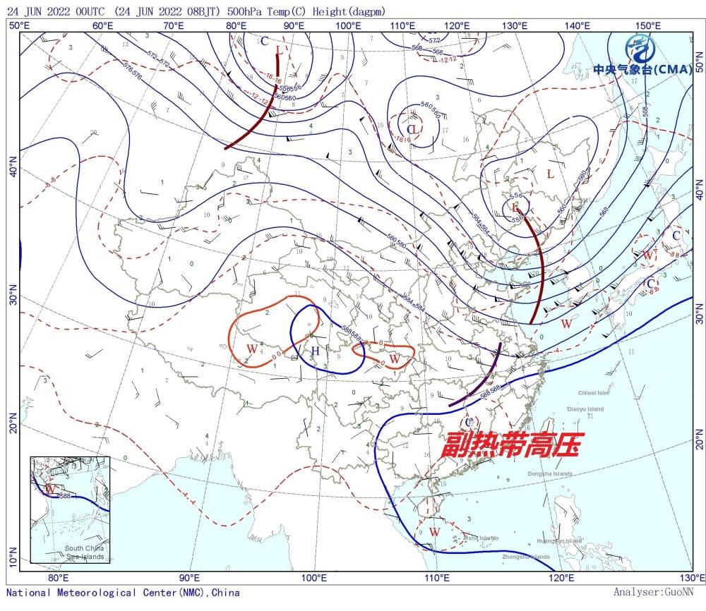 造成這種情況的主要原因,是副熱帶高壓的北抬——6月24日上午8點,代表