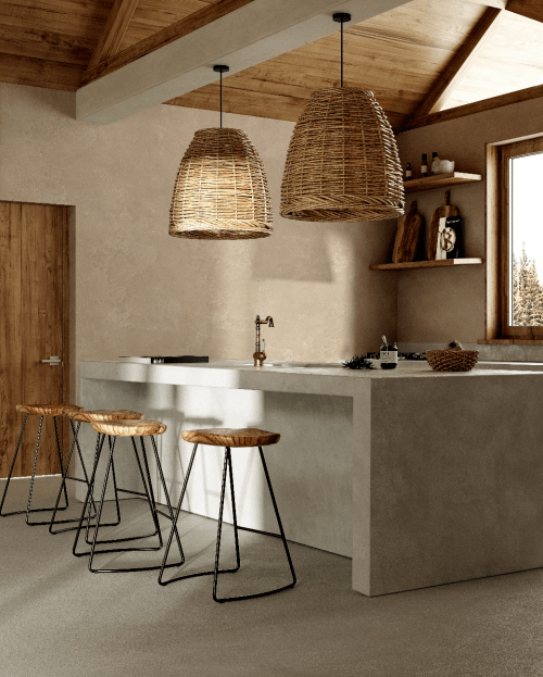 搭配古朴的藤编灯饰,原木屋顶门窗,与灰色清水泥吧台相映成趣,刻画出