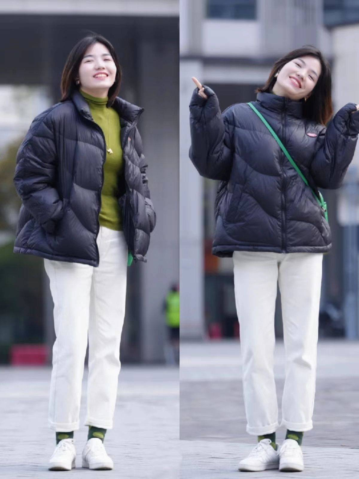 这才是"苹果型身材"该学的羽绒服打扮,保暖又显瘦,专治上身胖_女生