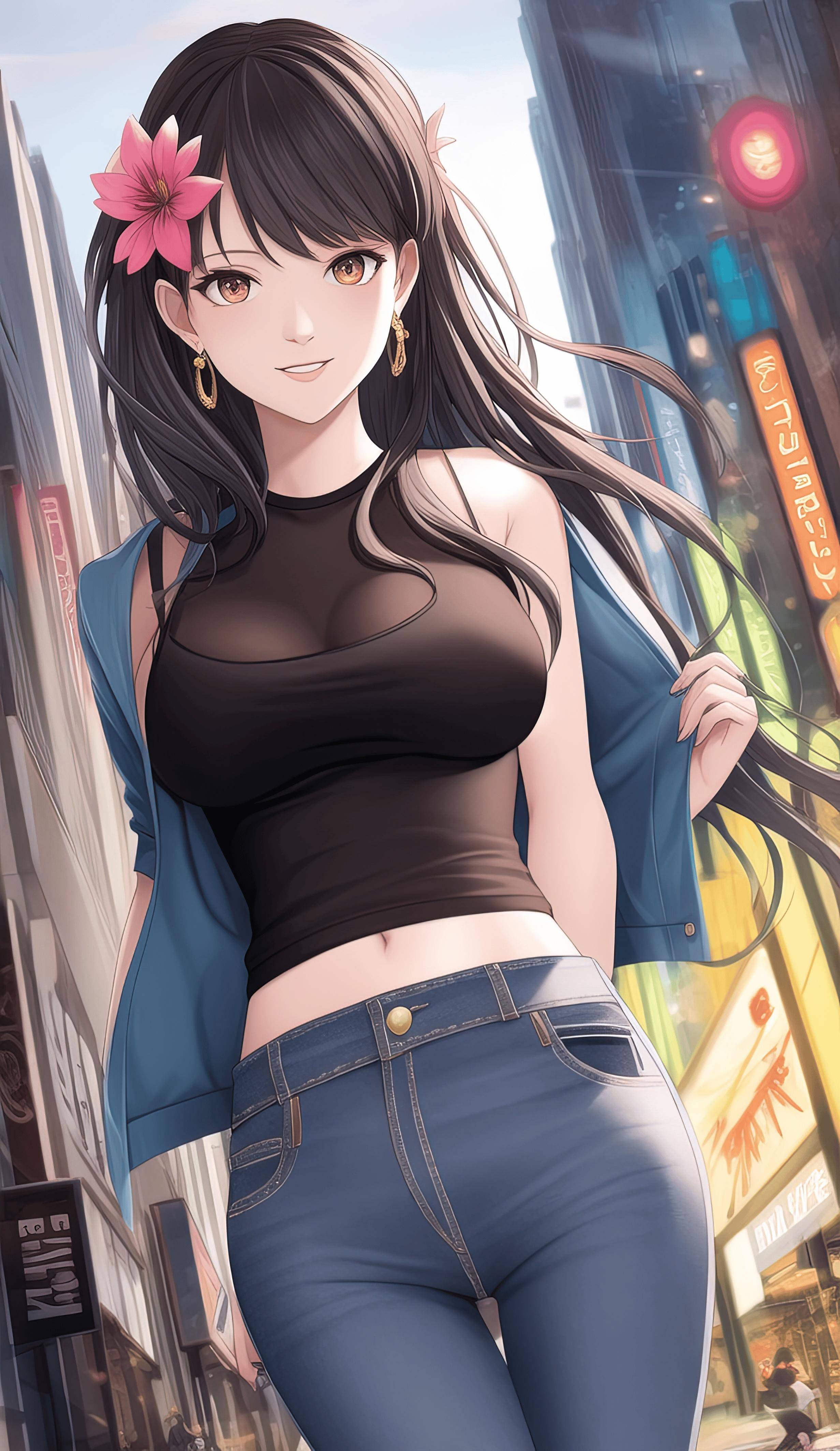 ai绘画二次元,美女t恤搭牛仔裤,繁华街道上的时尚氛围_服装_穿着_都会