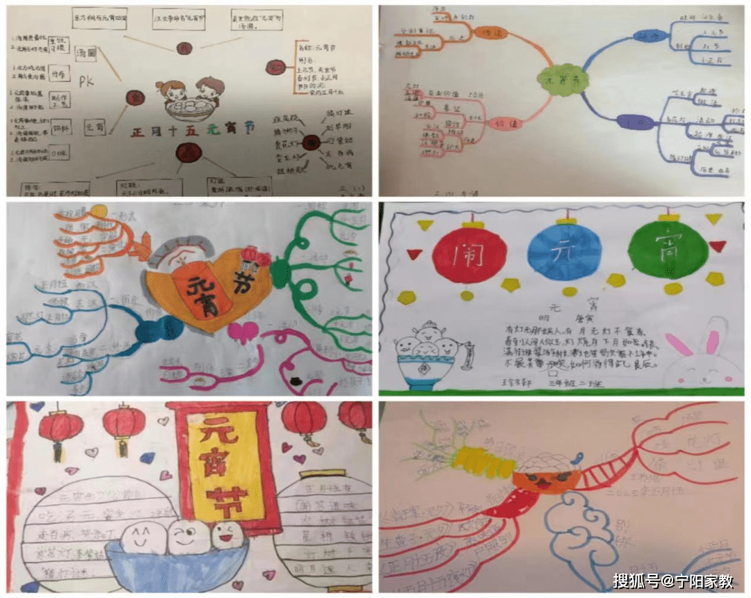 高年级的孩子们把自己对元宵节的认识画成思维导图的形式,表达了对