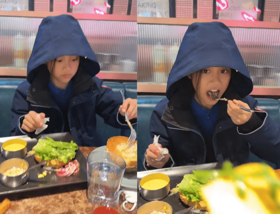 贾乃亮带女儿吃汉堡!