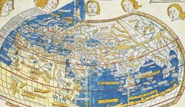 此图叫托勒密地图,是古希腊人绘制的全球第一张世界地图,诞生于公元2