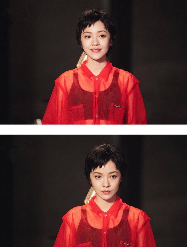 33岁郭采洁薄纱罩衫搭配蛇纹裙,造型复古又惊艳,短发红衣真撩人_风格