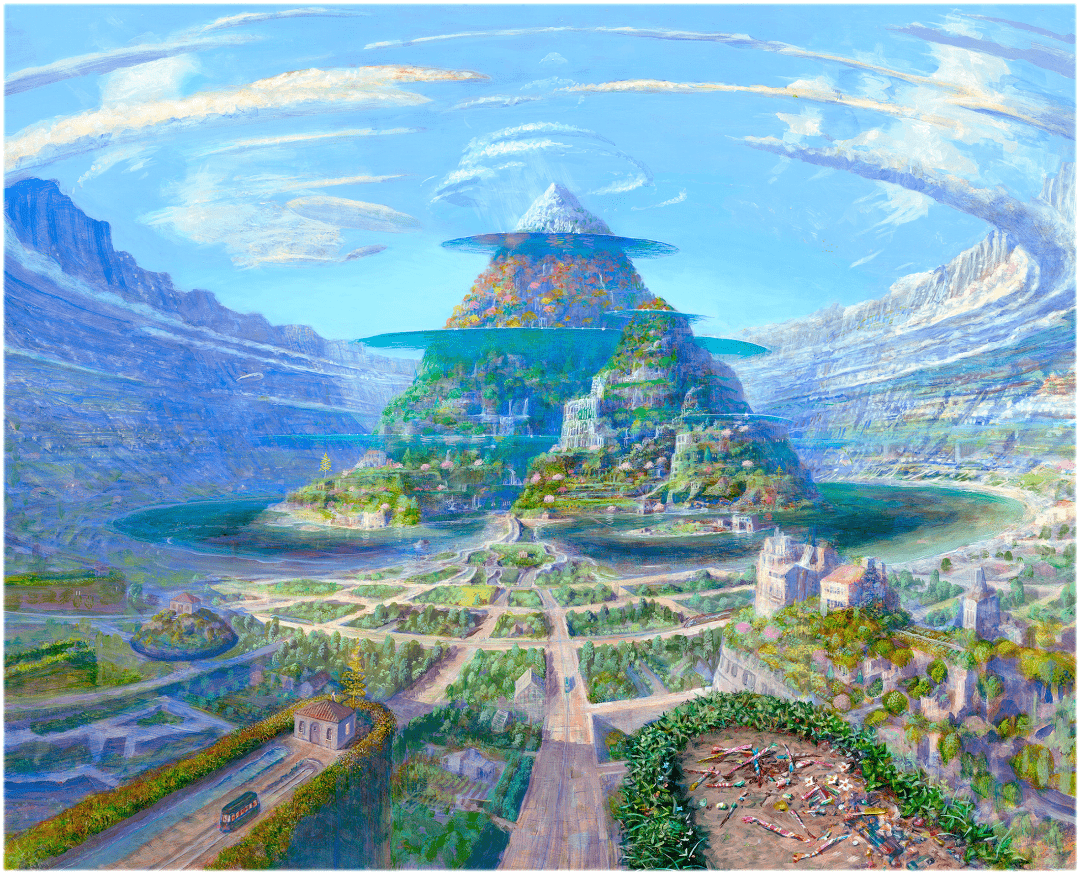 漂浮的充满生机的岛屿,建在彩云之上的花园洋房,在空中自在游动的金鱼