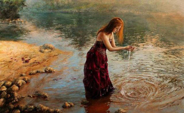 河边玩水的姑娘|拉尔夫:海因恩作品赏析_油画_生活_艺术