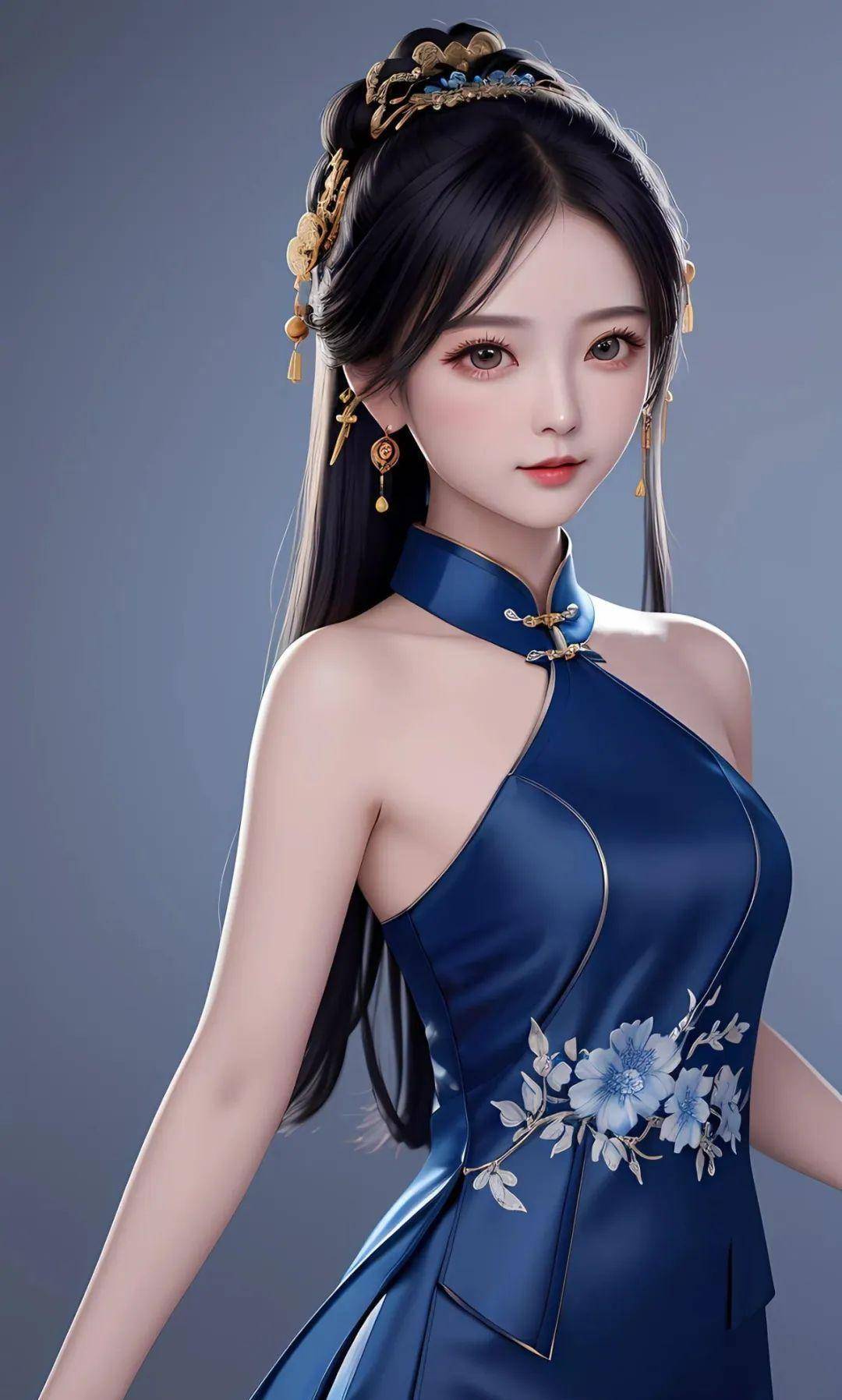 ai绘画:深蓝色无袖旗袍的美丽少女