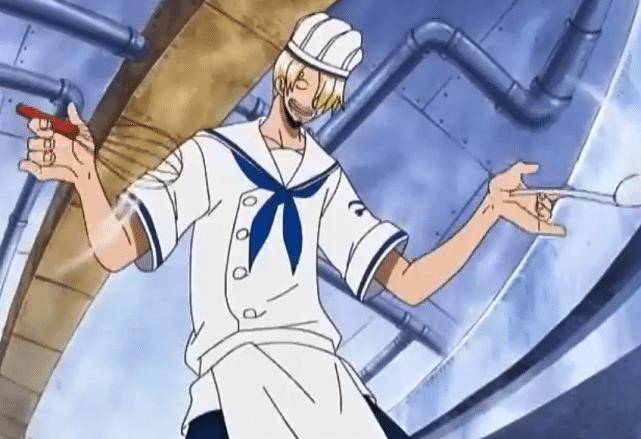 在司法岛篇章,路飞和山治曾经穿着低级海兵的衣服潜伏进厨房,山治还以