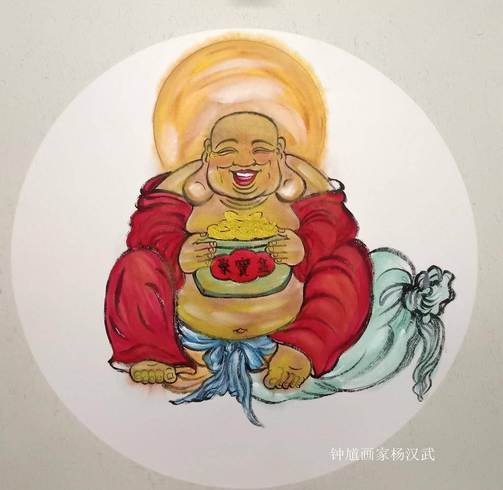 画家把众多吉祥物都融入了弥勒佛画像中,与人物性格