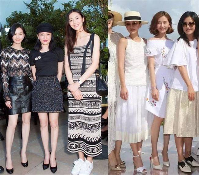 在与周迅合影的几张照片中,两人都穿着相似的高跟鞋,同框身高也几乎一