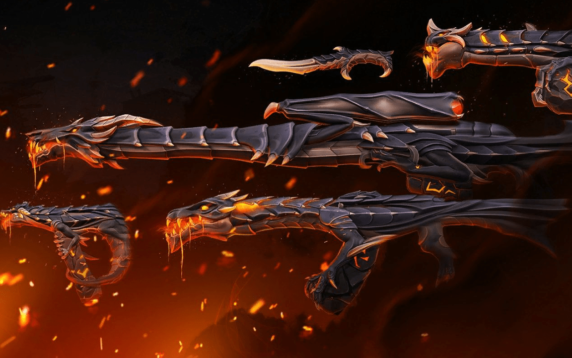 这个套装的设计灵感来源于古龙,将枪械与撼人心魄的龙形妖焰相互交织