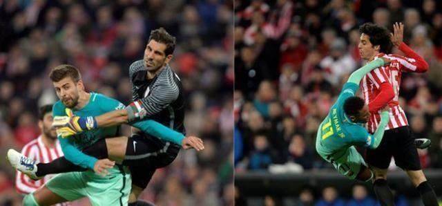 第20分钟时,皮克接梅西传中头球攻门,但被对方门将伊莱索斯的腿撞上