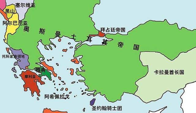 两张地图对比,看看1453年拜占庭帝国灭亡时,有多么的窘迫无奈_控制