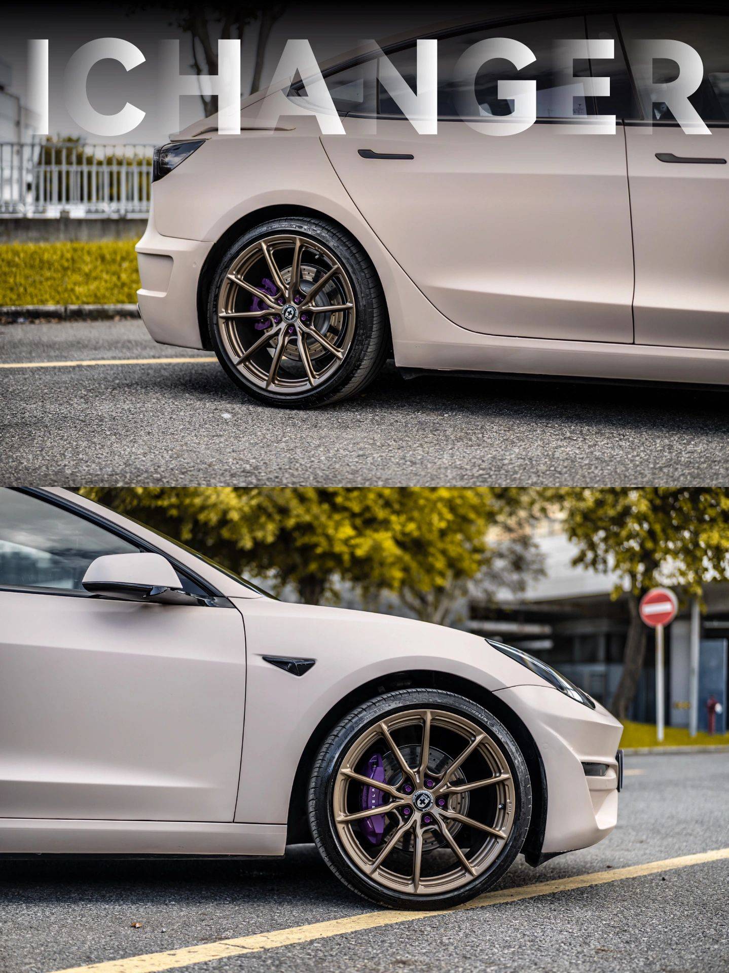 特斯拉model3-ichanger改色膜消光卡其米兰,充满艺术气质!