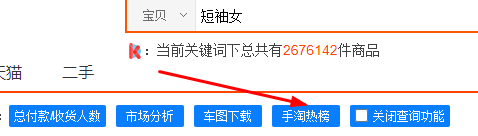 2、打开淘宝网页→上方搜索框内输入任意关键词→手淘热榜 件