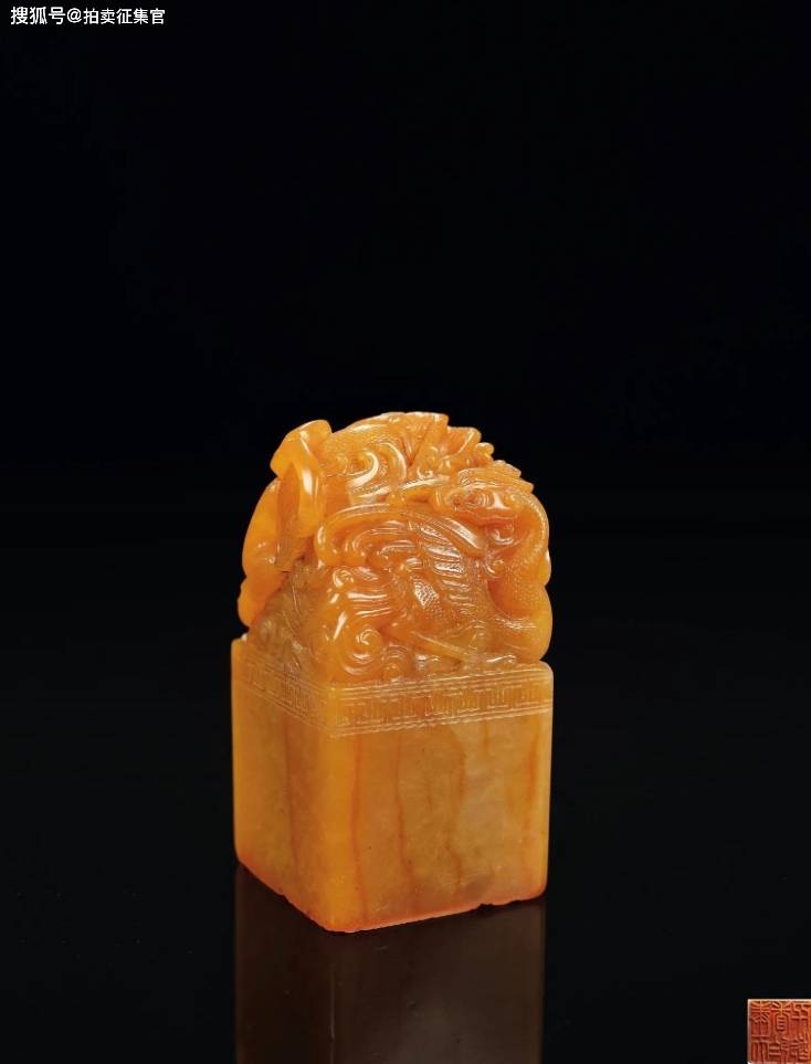 ◇古寿山石◇田黄石彫◇「清代◇丁敬款◇雙龍戲