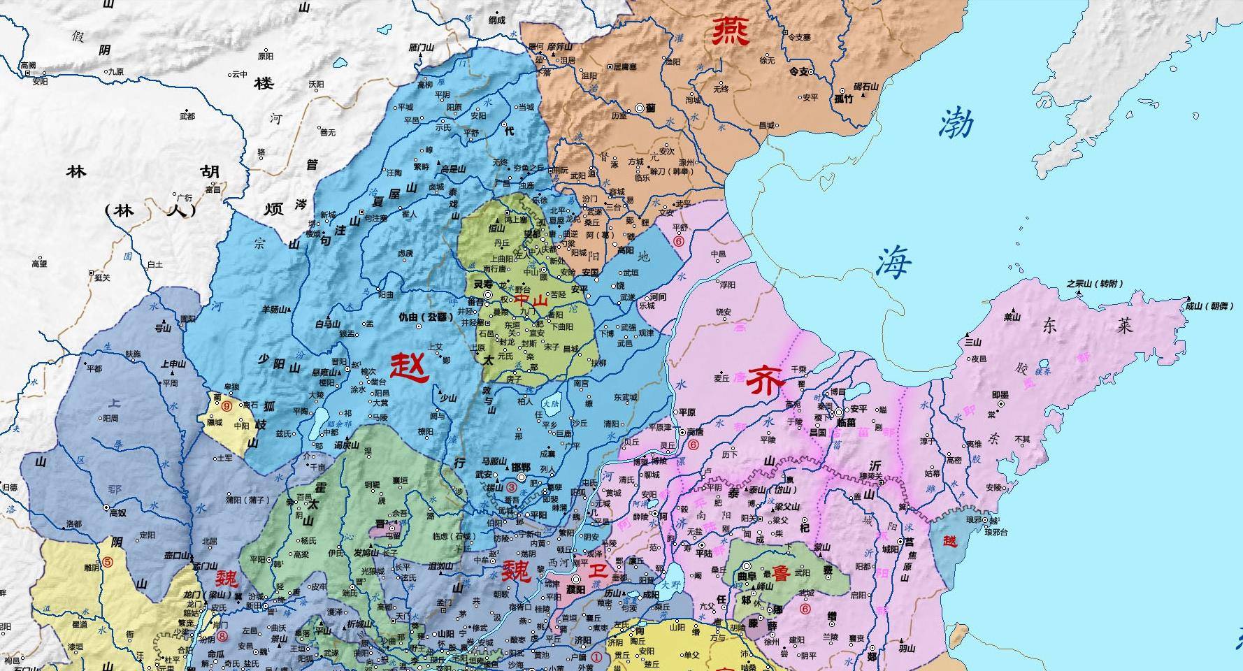 战国初年齐国的疆土,相当于今山东省偏北的大部和河北省的东南部,全境