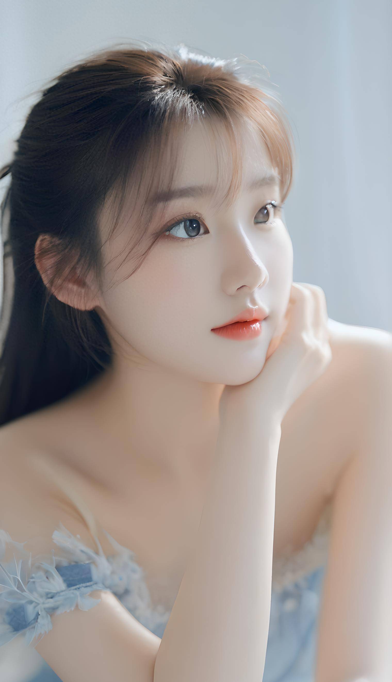 ai画美:长发美女,蓝色露肩纱裙如初恋