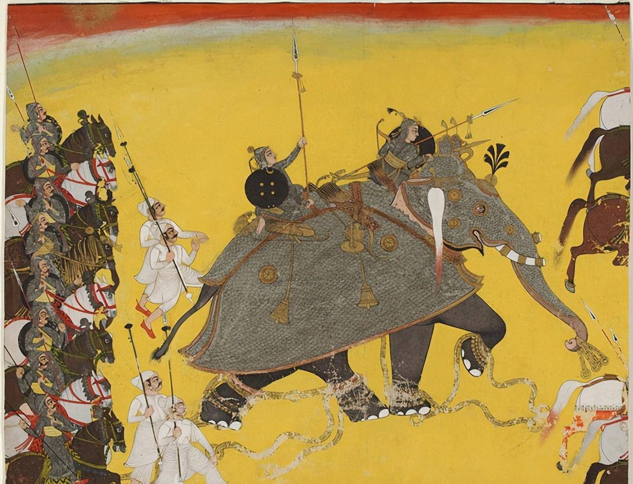 描绘印度古代象军作战场景的画作而这支联军很快就对阿罗那顺的根据地