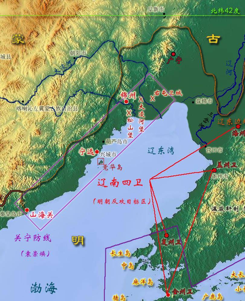 "关"是山海关,"宁"是宁远城,"锦"则是锦州城.