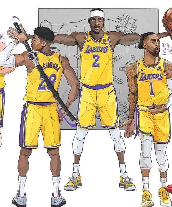 湖人全队漫画版合影:詹皇浓眉c位亮相 八村垒身背武士刀太抢镜_詹姆斯